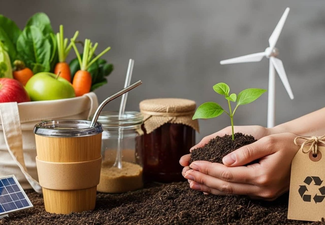 Pessoa comparando produtos sustentáveis e tradicionais em casa
