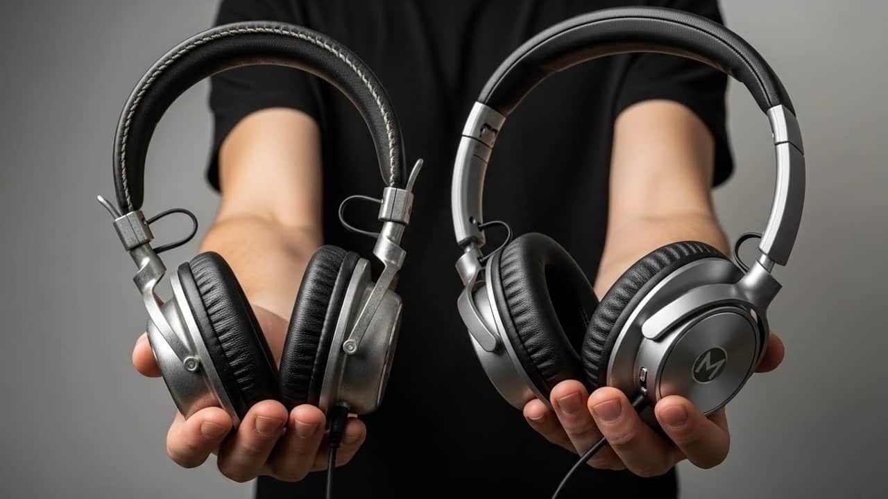 Fones de ouvido falsificados ao lado de originais para comparação