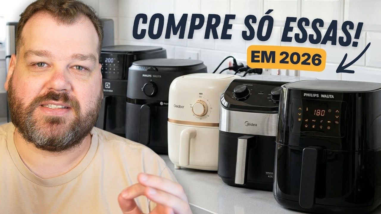 Vídeo comparando as melhores air fryers de 2026