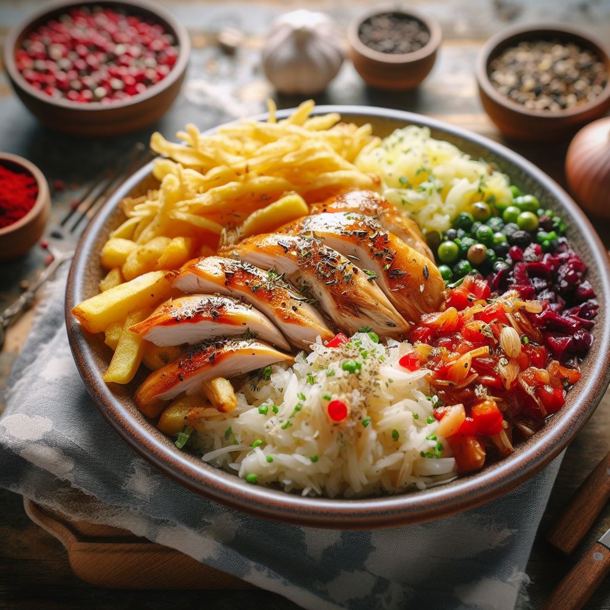 Frango dourado, batatas e legumes assados em air fryer forno Refeição assada em air fryer e forno com frango, batatas e legumes