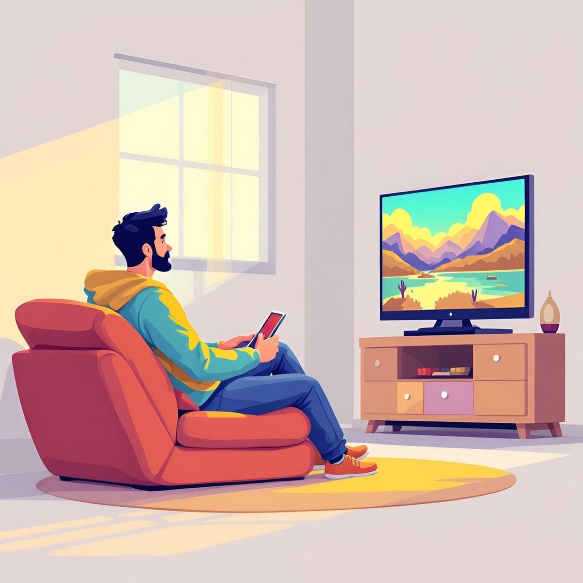Pessoa assistindo streaming na TV com o celular na mão, representando o uso do Android TV