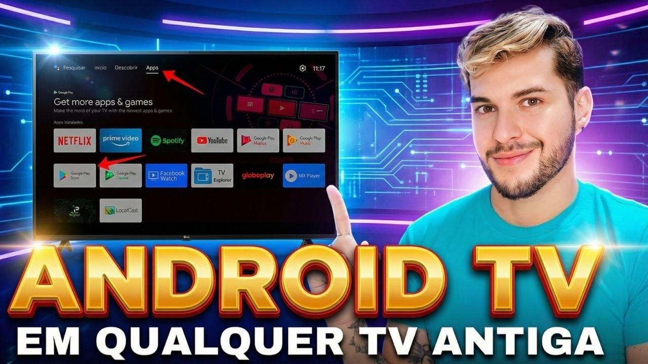 Vídeo mostrando Android TV em qualquer TV antiga