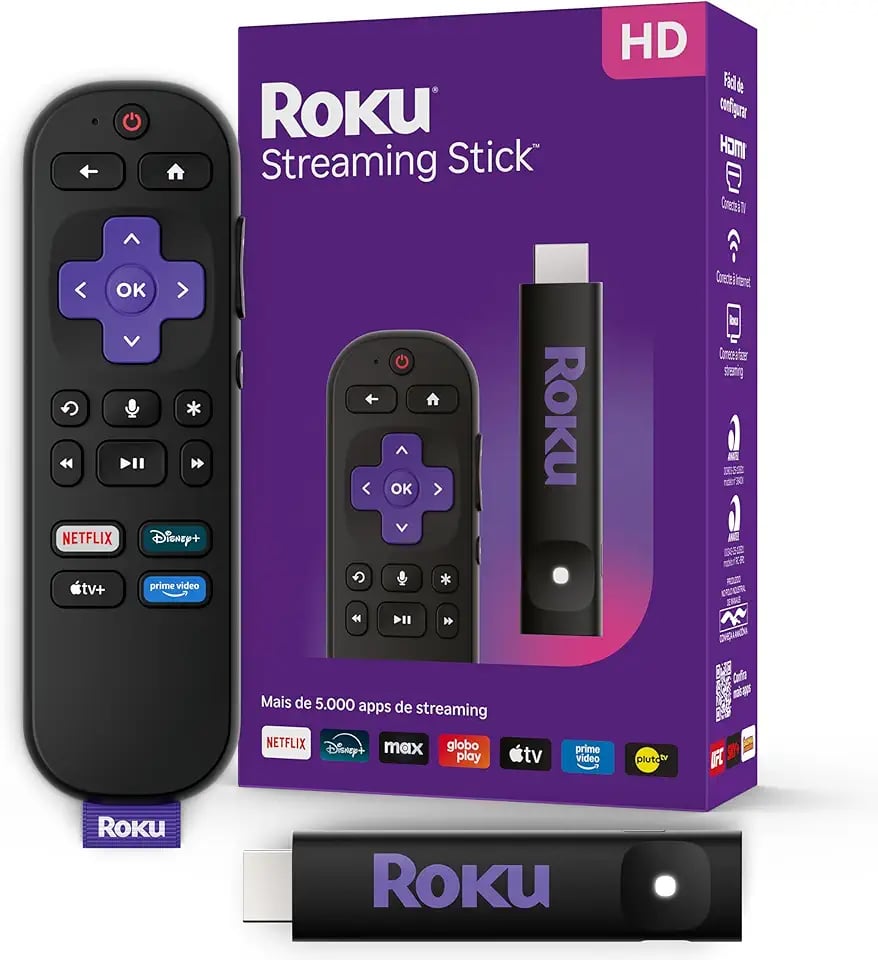 Roku Streaming Stick HD 2025 com controle remoto por comando de voz