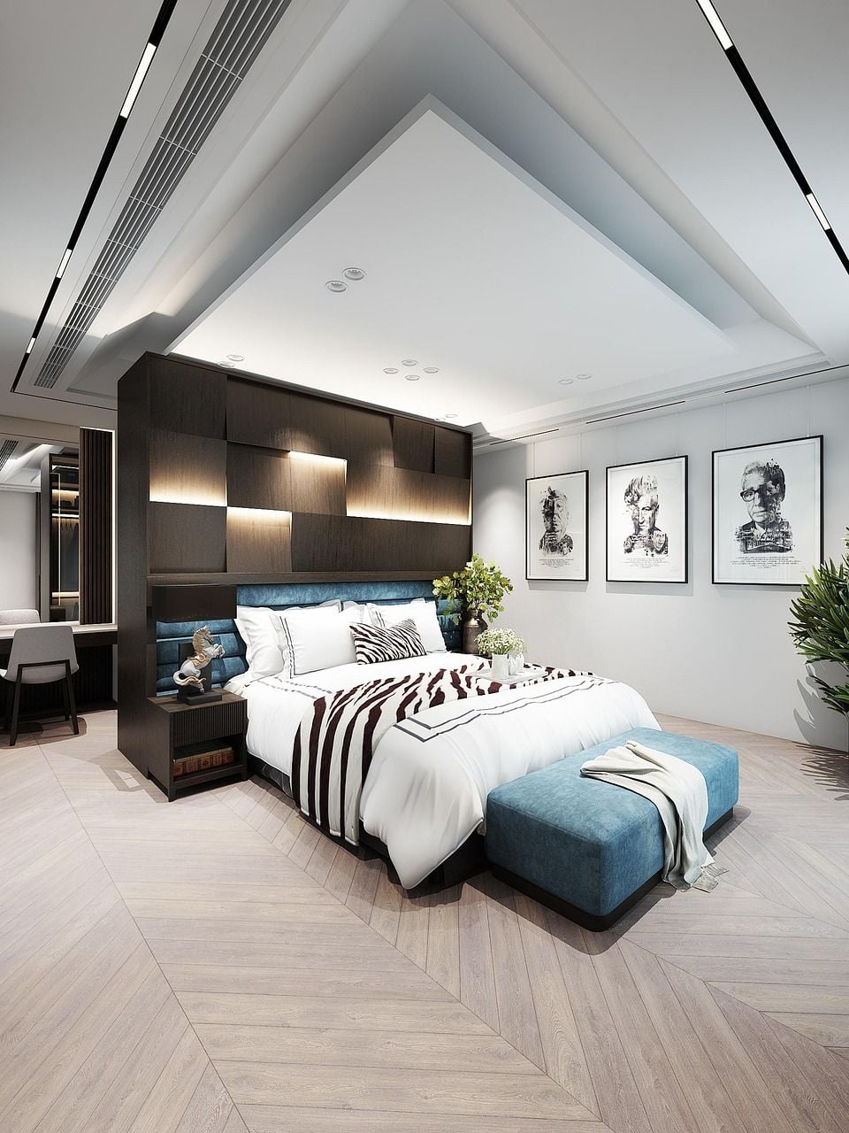 Quarto grande e amplo com cama de casal, móveis planejados e pé-direito alto